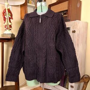 Vintage Aran Crafts Plum Merino Wool Chunky Cable Knit Zip up Cardigan Sweater
